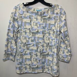 J Mcglaughlin Print 3/4 Sleeve Top size Small little town print houses